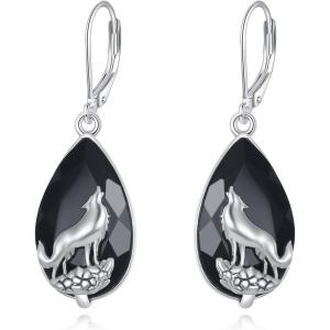 YFN Black Tourmaline Earrings Sterling Silver Dangle Drop Leverback Earrings Crystal Healing Jewelry Spiritual Protection Gifts for Women(Wolf)