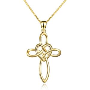 YFN Celtic Knot Cross Necklace Sterling Silver Infinity Love Heart Pendant Necklace(Gold Celtic Cross Necklace)