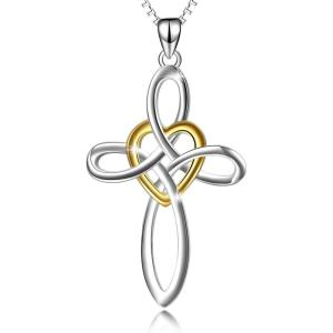 YFN Celtic Knot Cross Necklace Sterling Silver Infinity Love Heart Pendant Necklace(Gold Heart Cross Necklace 18″)