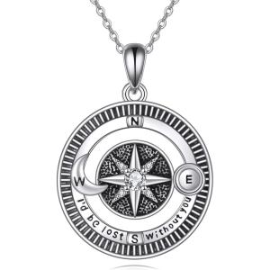 YFN Compass Pendant Necklace Sterling Silver Navy Anchor Travel Map Necklace for Women Men 18″(Compass Necklace for Women Men)