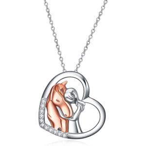 YFN Horse Pendant Necklace Jewelry 925 Sterling Silver Women Embrace Horse Gift For Women(A-Rose-Horse Necklace)