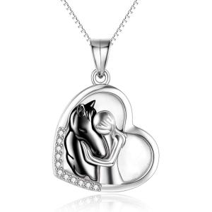 YFN Horse Pendant Necklace Jewelry 925 Sterling Silver Women Embrace Horse Gift For Women(Black-Mother of Pearl Horse Necklace)