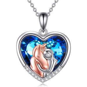 YFN Horse Pendant Necklace Jewelry 925 Sterling Silver Women Embrace Horse Gift For Women(Blue-Heart Crystal Horse Necklace)