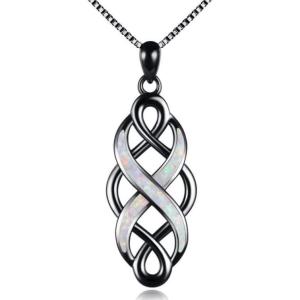 YFN Irish Celtic Knot Created Opal Pendant Necklace Sterling Silver Black Necklaces for Women Men 18″(Black necklaces for women)