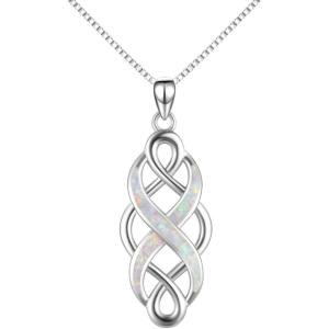 YFN Irish Celtic Knot Created Opal Pendant Necklace Sterling Silver Black Necklaces for Women Men 18″(White Opal Celtic Knot Necklace)