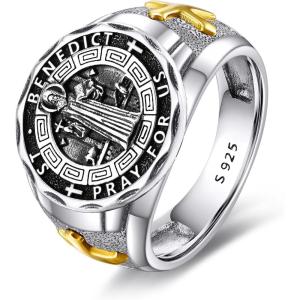 YFN Patron Saint Ring Sterling Silver Religious Protector Ring Jewelry Gifts for Women Men(St Benedict)