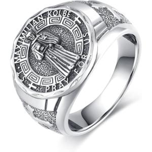 YFN Patron Saint Ring Sterling Silver Religious Protector Ring Jewelry Gifts for Women Men(St Maximilian Kolbe)