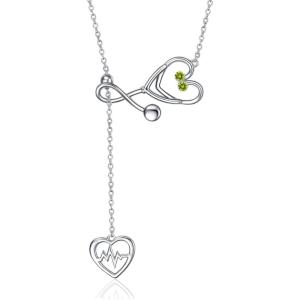 YFN Sterling Silver Caduceus Angel Nursing Themed Stethoscope Pendant Necklace 18″(August – Peridot)