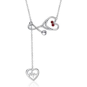 YFN Sterling Silver Caduceus Angel Nursing Themed Stethoscope Pendant Necklace 18″(July- Created Ruby)