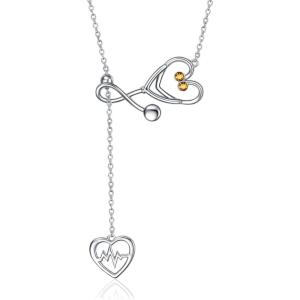 YFN Sterling Silver Caduceus Angel Nursing Themed Stethoscope Pendant Necklace 18″(November – Citrine)