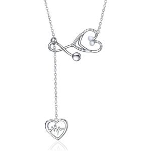 YFN Sterling Silver Caduceus Angel Nursing Themed Stethoscope Pendant Necklace 18″(Opal- October Birthstone)