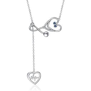 YFN Sterling Silver Caduceus Angel Nursing Themed Stethoscope Pendant Necklace 18″(Simulated Sapphire Blue Cubic Zirconial – September Birthstone)
