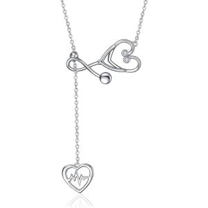 YFN Sterling Silver Caduceus Angel Nursing Themed Stethoscope Pendant Necklace 18″(Stethoscope Lariat Necklace)