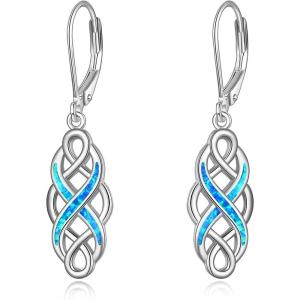 YFN Sterling Silver Celtic Knot Dangle Earrings Good Luck Irish Celtic Knot Leverback Dangles Earrings for Women(Blue Opal Celtic Knot Earrings)