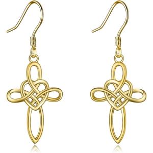 YFN Sterling Silver Celtic Knot Dangle Earrings Good Luck Irish Celtic Knot Leverback Dangles Earrings for Women(Gold-Celtic Cross Earrings)