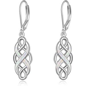 YFN Sterling Silver Celtic Knot Dangle Earrings Good Luck Irish Celtic Knot Leverback Dangles Earrings for Women(White Opal Celtic Knot Earrings)