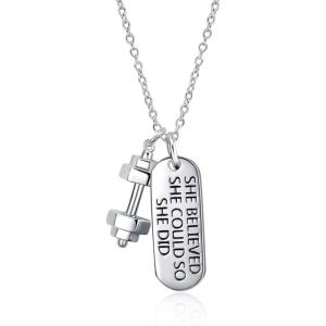 YFN Sterling Silver Strong Is Beautiful She Believe She Could So She Did Engraved Dumbbell Barbell Gym Buff Pendant Necklace 18″(PYX2508-personalized)
