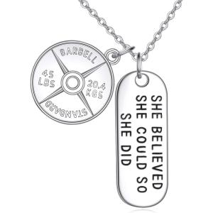 YFN Sterling Silver Strong Is Beautiful She Believe She Could So She Did Engraved Dumbbell Barbell Gym Buff Pendant Necklace 18″(She Believe She Could So She Did Weight Plate Necklace)