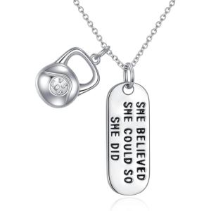 YFN Sterling Silver Strong Is Beautiful She Believe She Could So She Did Engraved Dumbbell Barbell Gym Buff Pendant Necklace 18″(She Believe She Could So She Did Kettlebell Necklace)