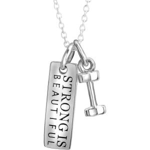 YFN Sterling Silver Strong Is Beautiful She Believe She Could So She Did Engraved Dumbbell Barbell Gym Buff Pendant Necklace 18″(Strong is Beautiful Necklace)