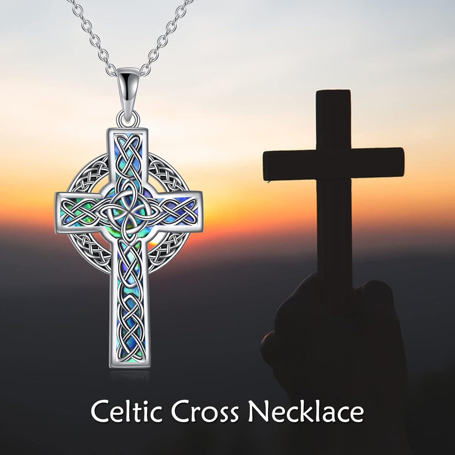 image:imageYFN Celtic Cross Necklace Sterling Silver Celtic Triquetra Trinity Pendant Abalone Shell Cross Jewelry Gifts for Women Men