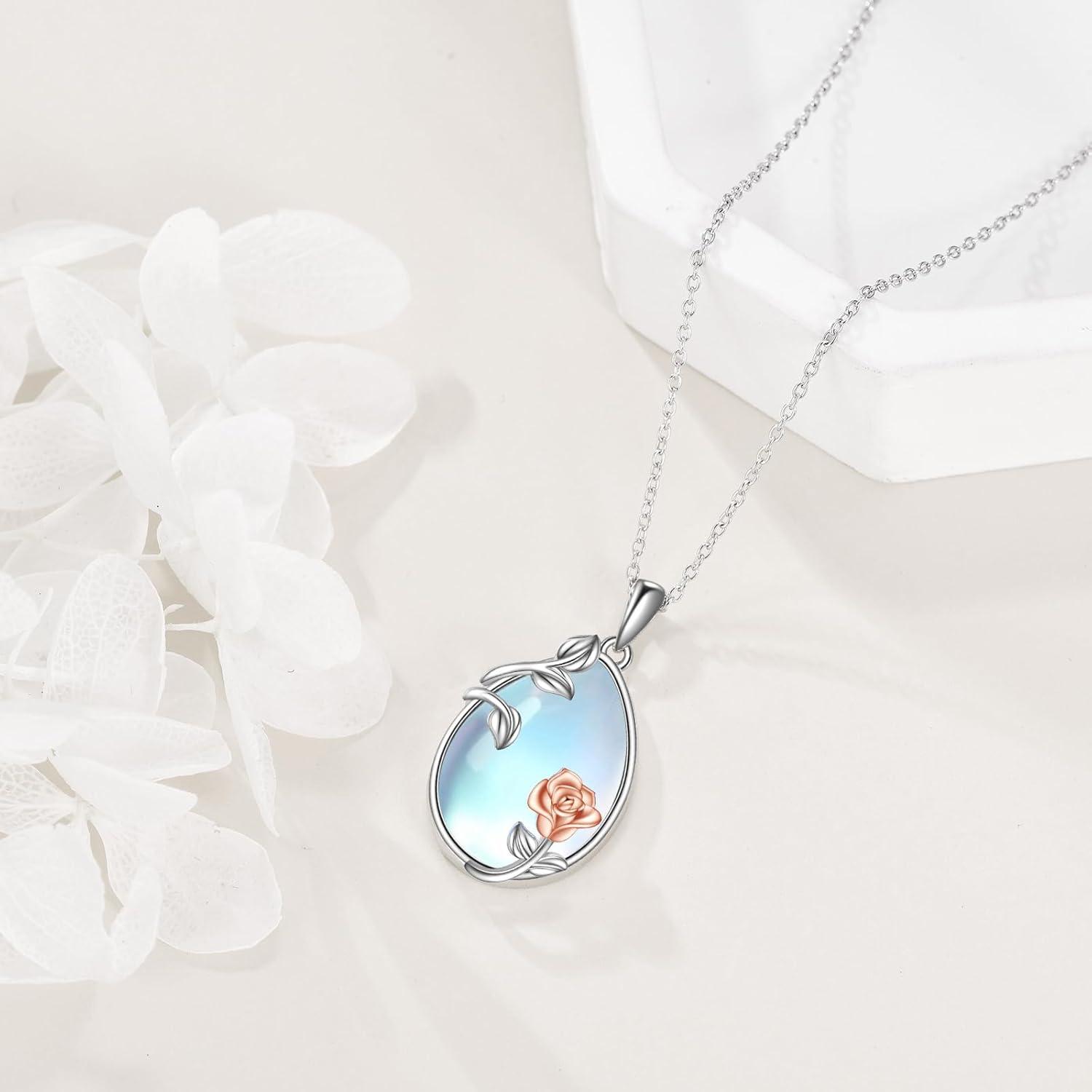 image:imageYFN Moonstone Necklace Sterling Silver Rose Flower Moonstone Leaves Pendant Necklace Jewelry Gifts for WomenSilverMoonstone Necklace with Rose Flower