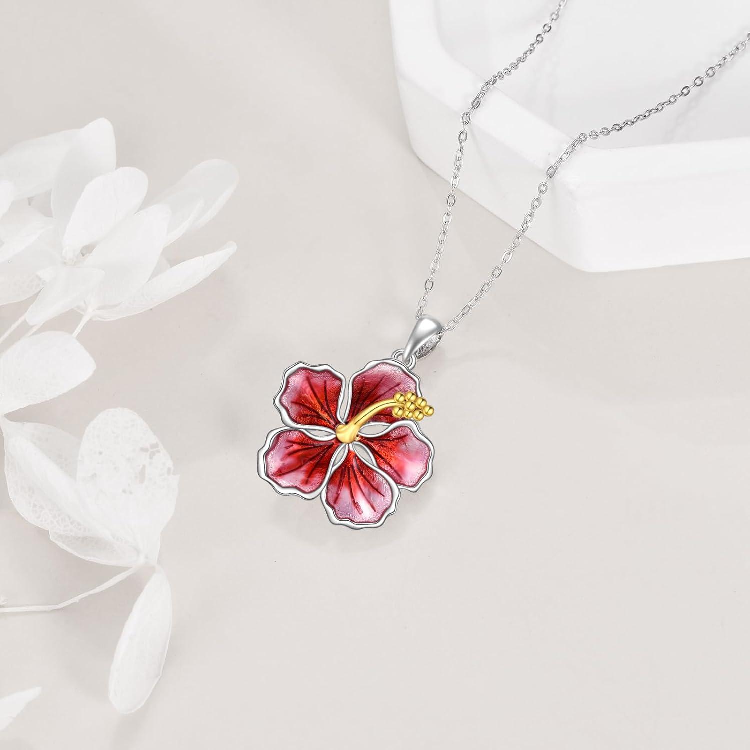 image:imageYFN PeonyHibiscus Flower Pendant Necklace Sterling Silver Enamel Flower Jewelry Gifts for Women Mother GiftsSilverHibiscus Flower Necklace