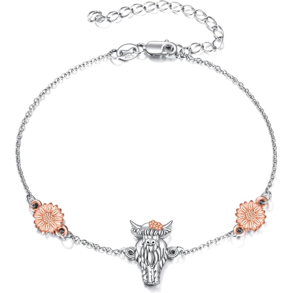 image:imageYFN CompassFlowerDogCatHummingbirdCardinalTree of LifeCat Animal Bracelets Sterling Silver Adjustable Bracelet Jewelry Gifts for Women 72quotSilverHighland Cow Bracelet for Women