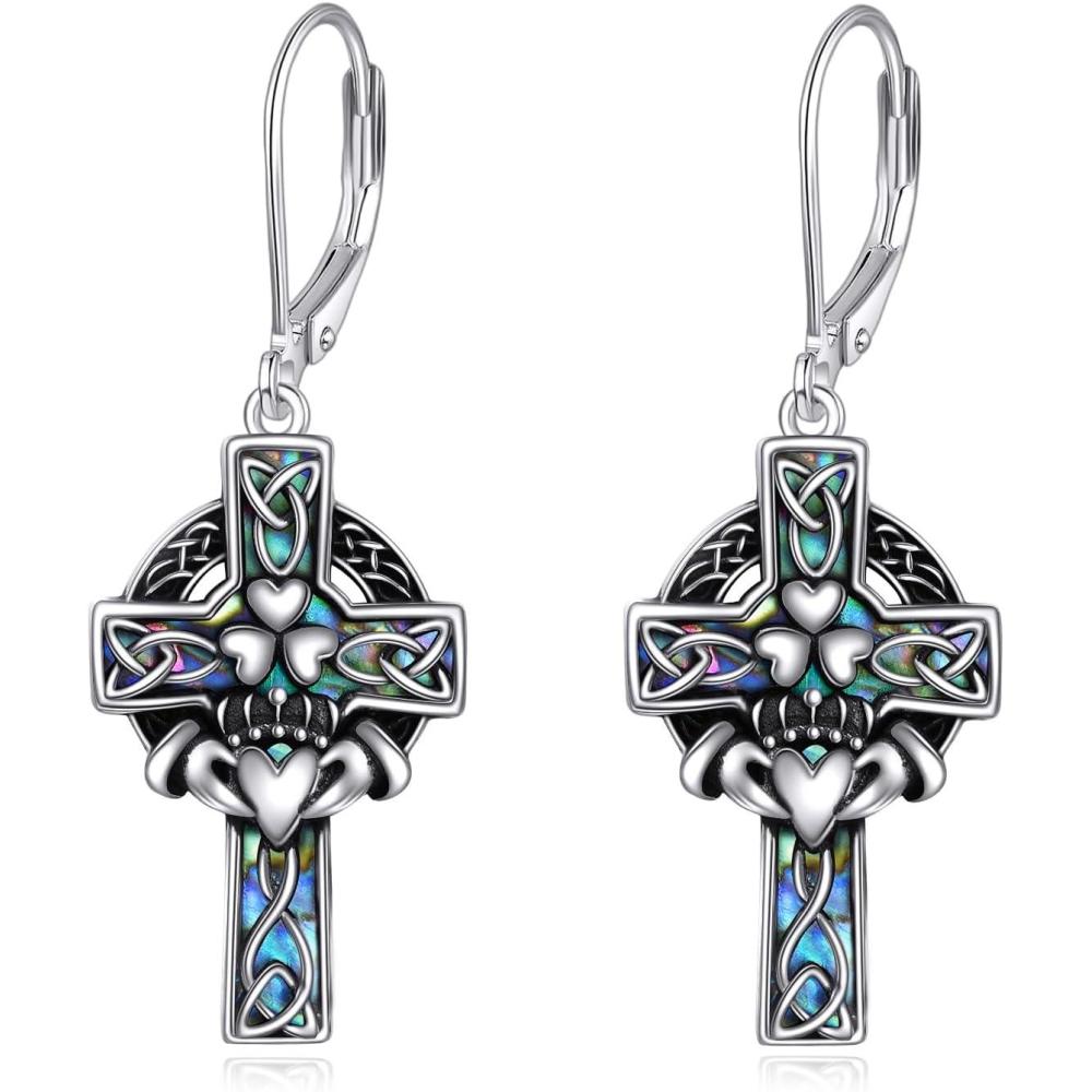 image:imageYFN Cross Earrings Sterling Silver Dangle Drop Leverback Cross Earrings Religion Jewelry Christians Gifts for Women MenCCladdagh