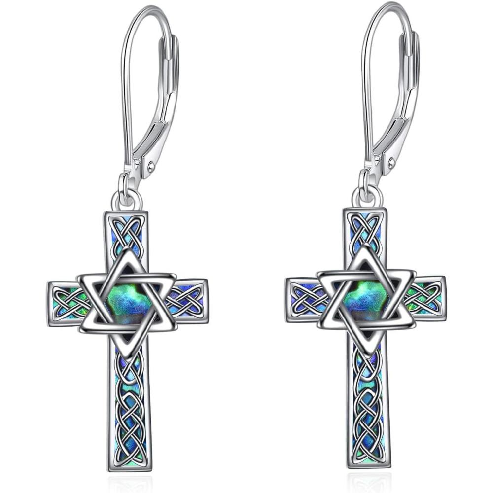 image:imageYFN Cross Earrings Sterling Silver Dangle Drop Leverback Cross Earrings Religion Jewelry Christians Gifts for Women MenCStar of David