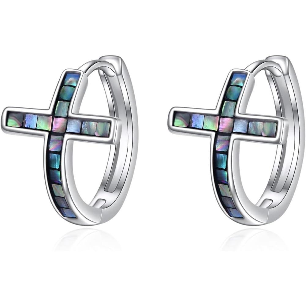 image:imageYFN Cross Earrings Sterling Silver Dangle Drop Leverback Cross Earrings Religion Jewelry Christians Gifts for Women MenFAbalone Cross Hoop