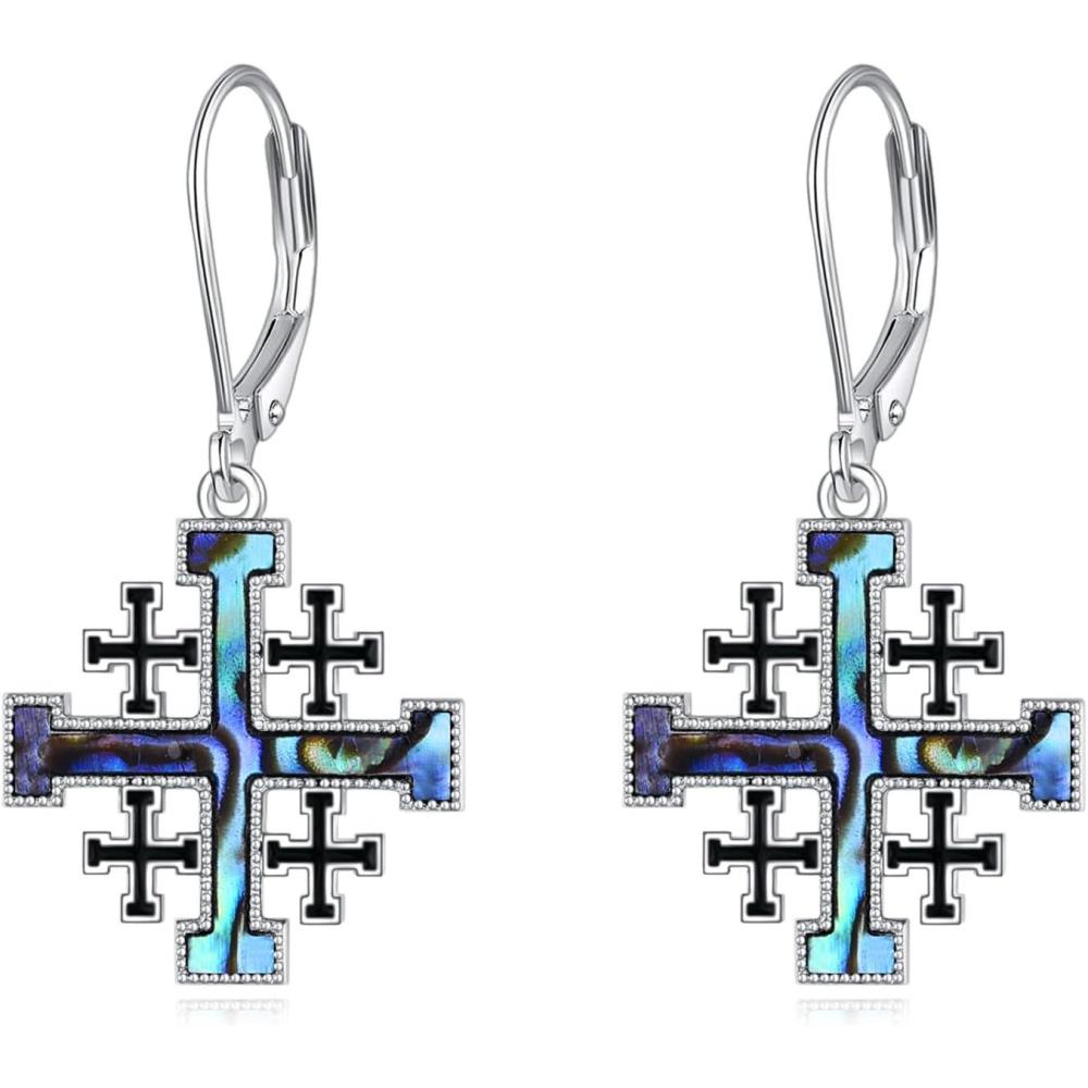 image:imageYFN Cross Earrings Sterling Silver Dangle Drop Leverback Cross Earrings Religion Jewelry Christians Gifts for Women MenGCrusader Jerusalem