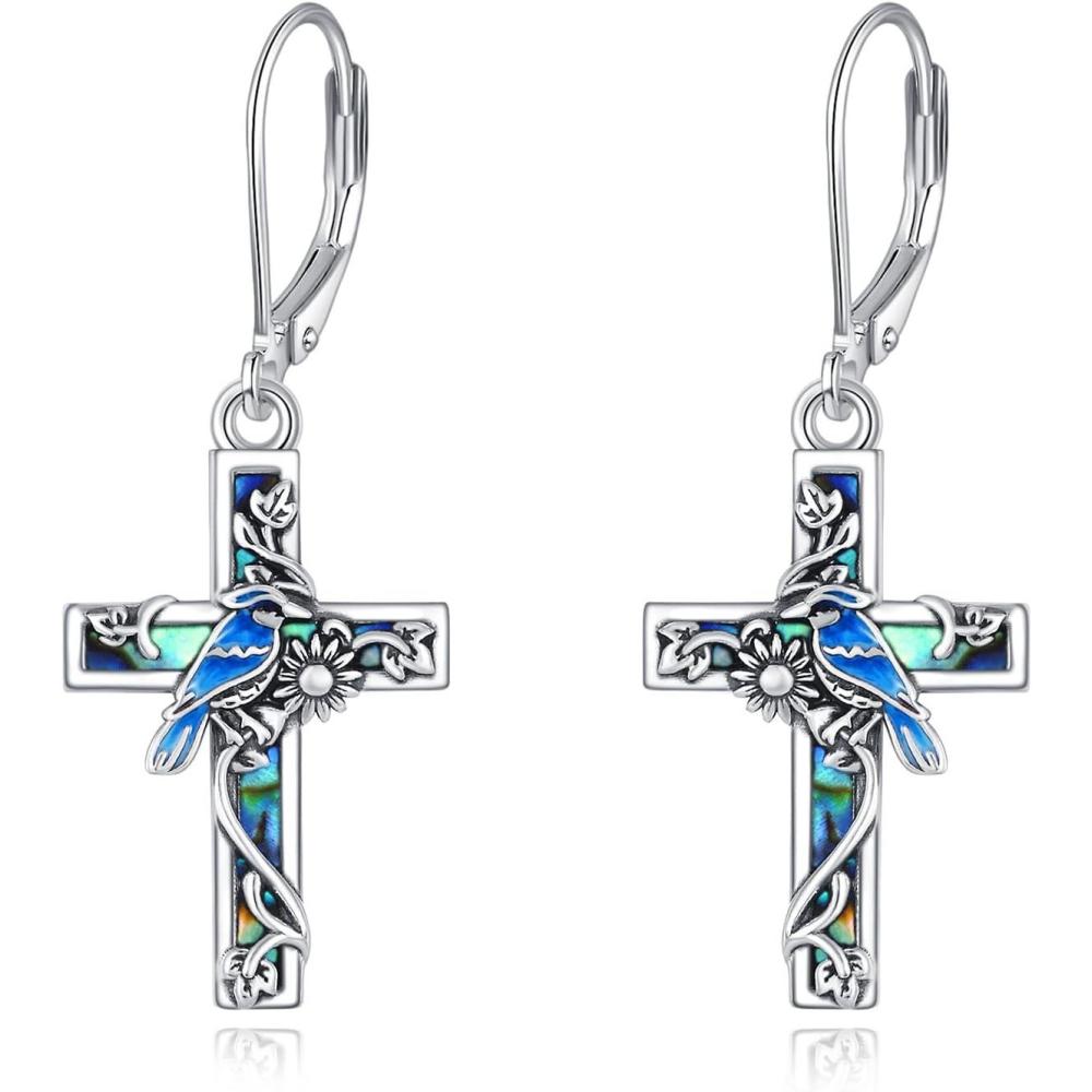 image:imageYFN Cross Earrings Sterling Silver Dangle Drop Leverback Cross Earrings Religion Jewelry Christians Gifts for Women MenIBlue Jay