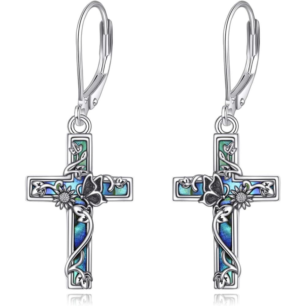 image:imageYFN Cross Earrings Sterling Silver Dangle Drop Leverback Cross Earrings Religion Jewelry Christians Gifts for Women MenIButterfly