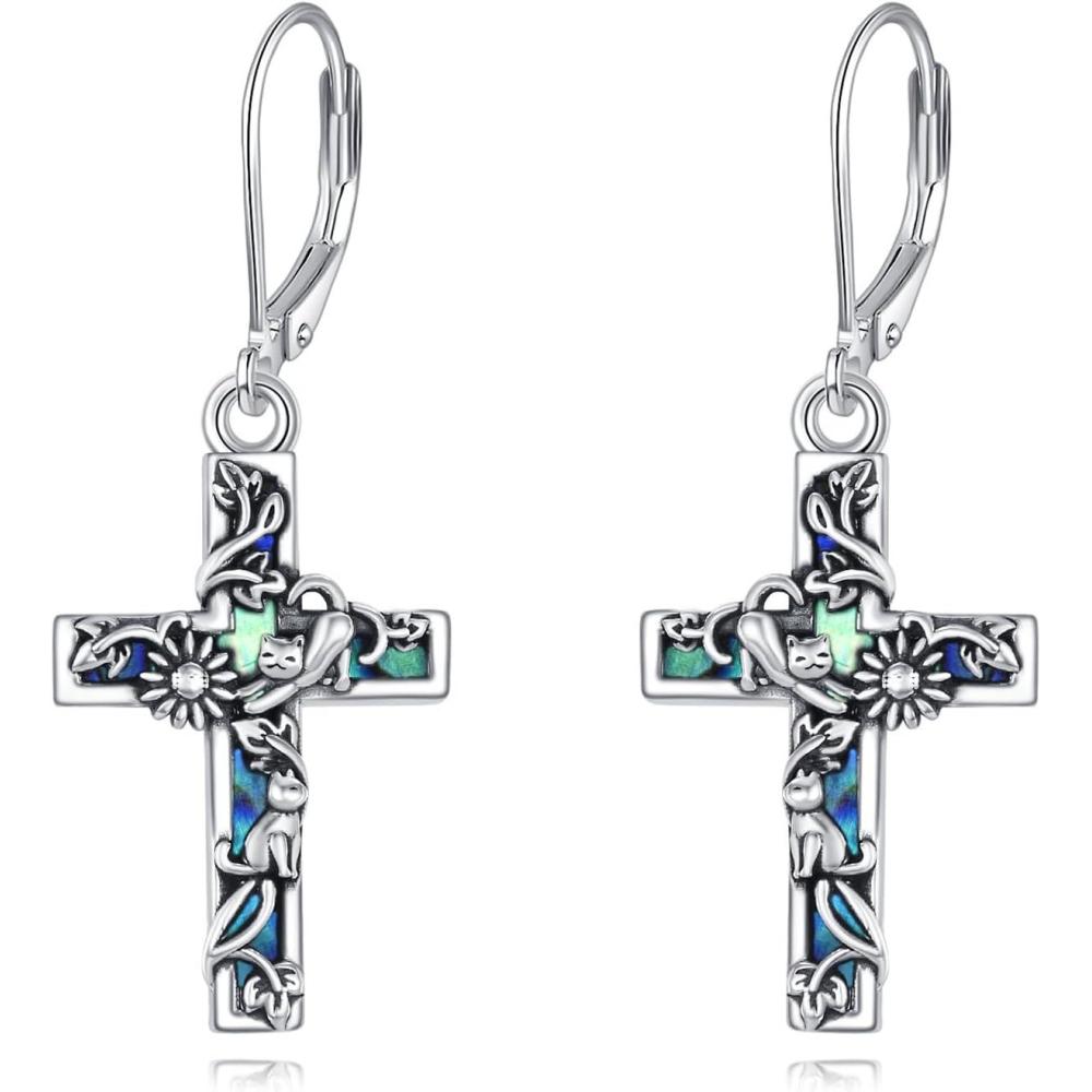 image:imageYFN Cross Earrings Sterling Silver Dangle Drop Leverback Cross Earrings Religion Jewelry Christians Gifts for Women MenICat