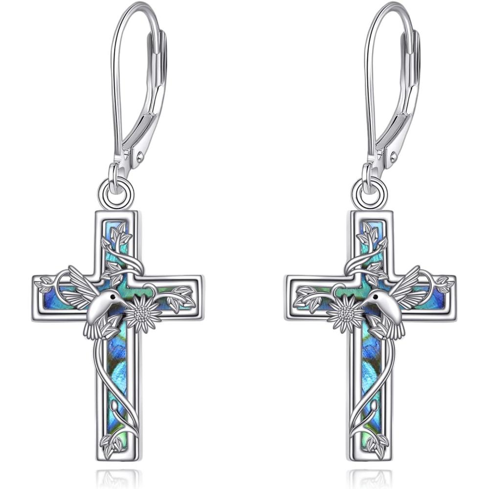 image:imageYFN Cross Earrings Sterling Silver Dangle Drop Leverback Cross Earrings Religion Jewelry Christians Gifts for Women MenIHummingbird