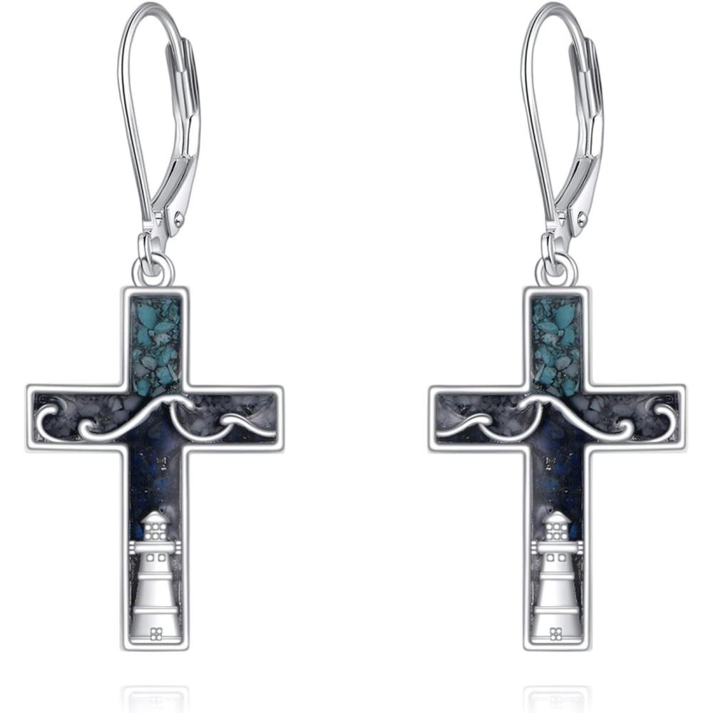 image:imageYFN Cross Earrings Sterling Silver Dangle Drop Leverback Cross Earrings Religion Jewelry Christians Gifts for Women MenILighthouse
