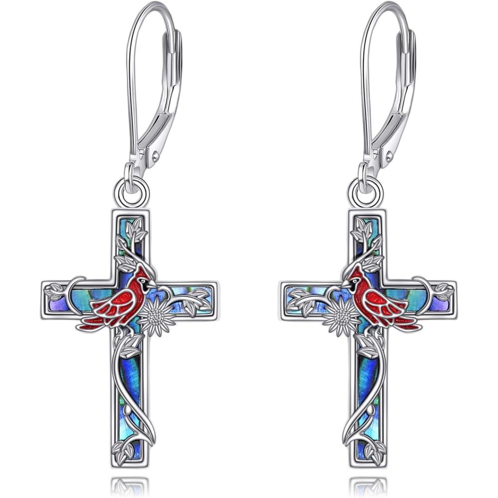 image:imageYFN Cross Earrings Sterling Silver Dangle Drop Leverback Cross Earrings Religion Jewelry Christians Gifts for Women MenIRed Cardinal