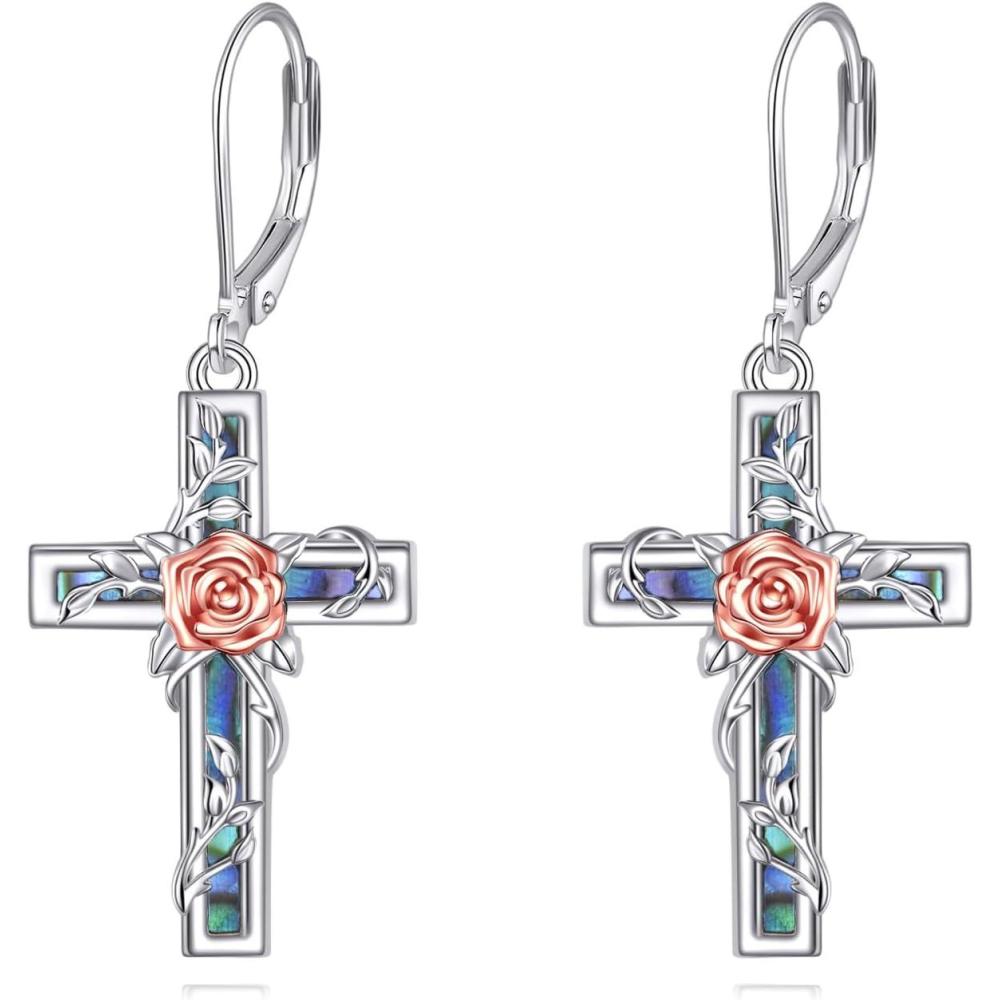 image:imageYFN Cross Earrings Sterling Silver Dangle Drop Leverback Cross Earrings Religion Jewelry Christians Gifts for Women MenIRose Flower