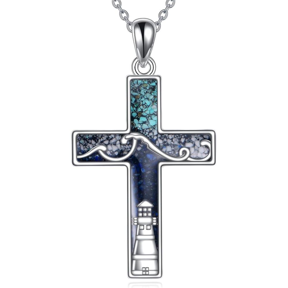 image:imageYFN Cross Necklace Sterling Silver Mountain and Ocean Pendant Religious Jewelry Gifts for Women MenLighthouse