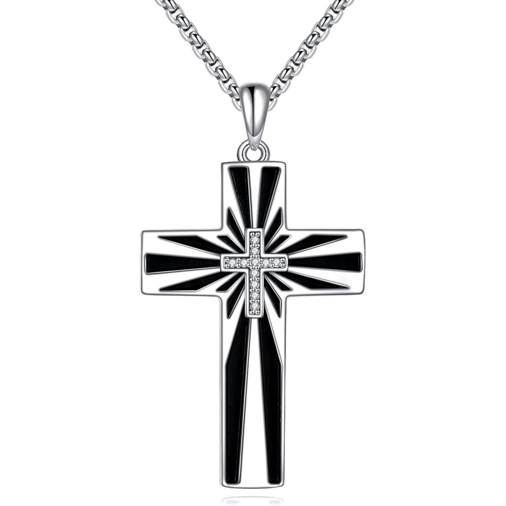 image:imageYFN Cross Necklace Sterling Silver Religious Cross Pendant Christians Jewelry Gifts for Women MenBlack and White