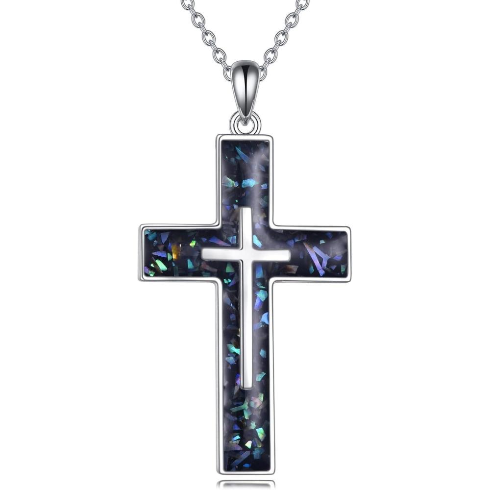 image:imageYFN Cross Necklace Sterling Silver Religious Cross Pendant Jewelry Christian Gifts for Women MenA Abalone Shell Randomized