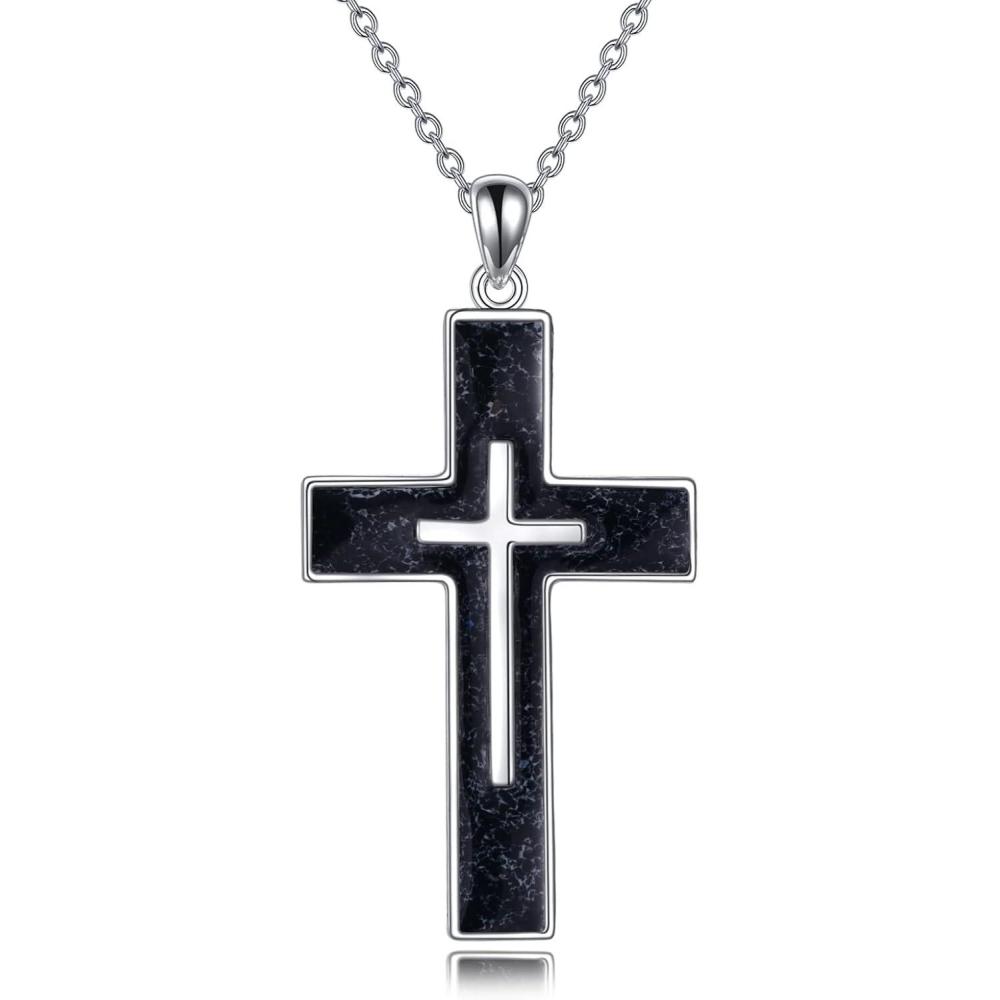 image:imageYFN Cross Necklace Sterling Silver Religious Cross Pendant Jewelry Christian Gifts for Women MenA Black Tourmaline