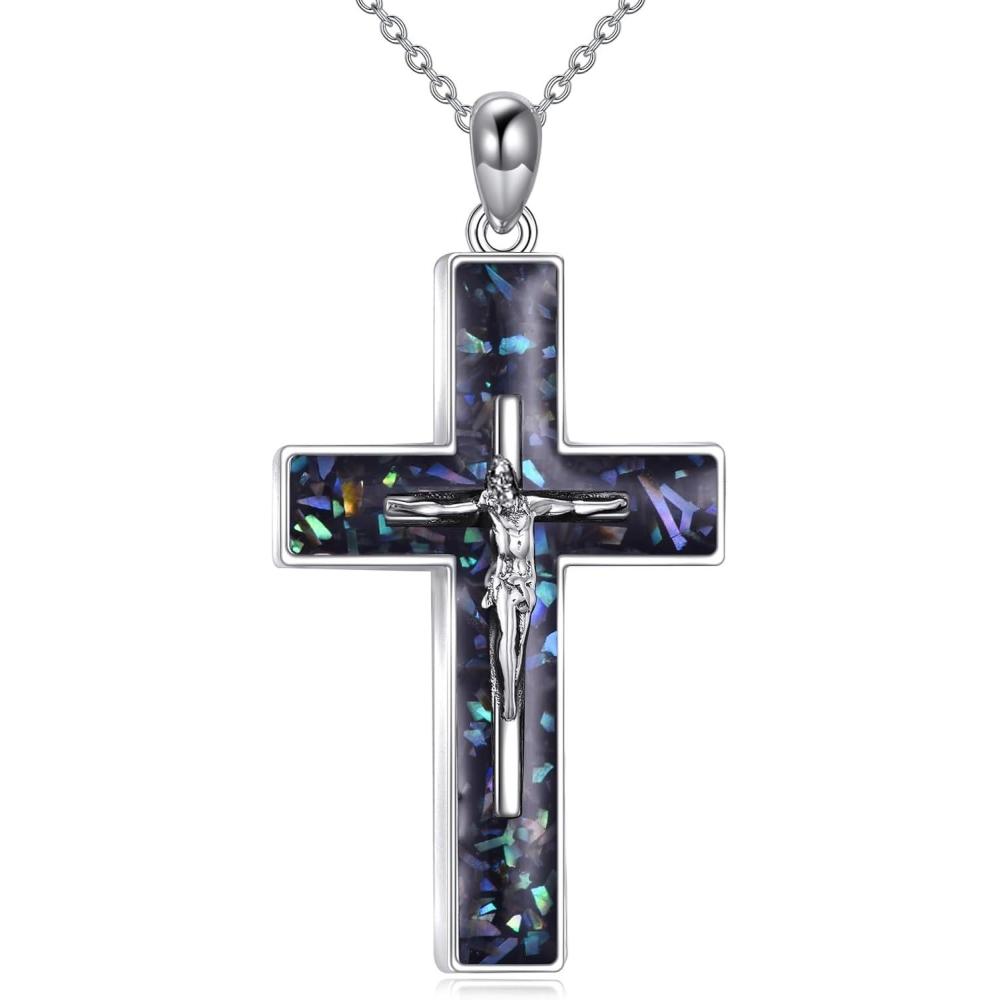 image:imageYFN Cross Necklace Sterling Silver Religious Cross Pendant Jewelry Christian Gifts for Women MenA Crucifix Abalone Shell