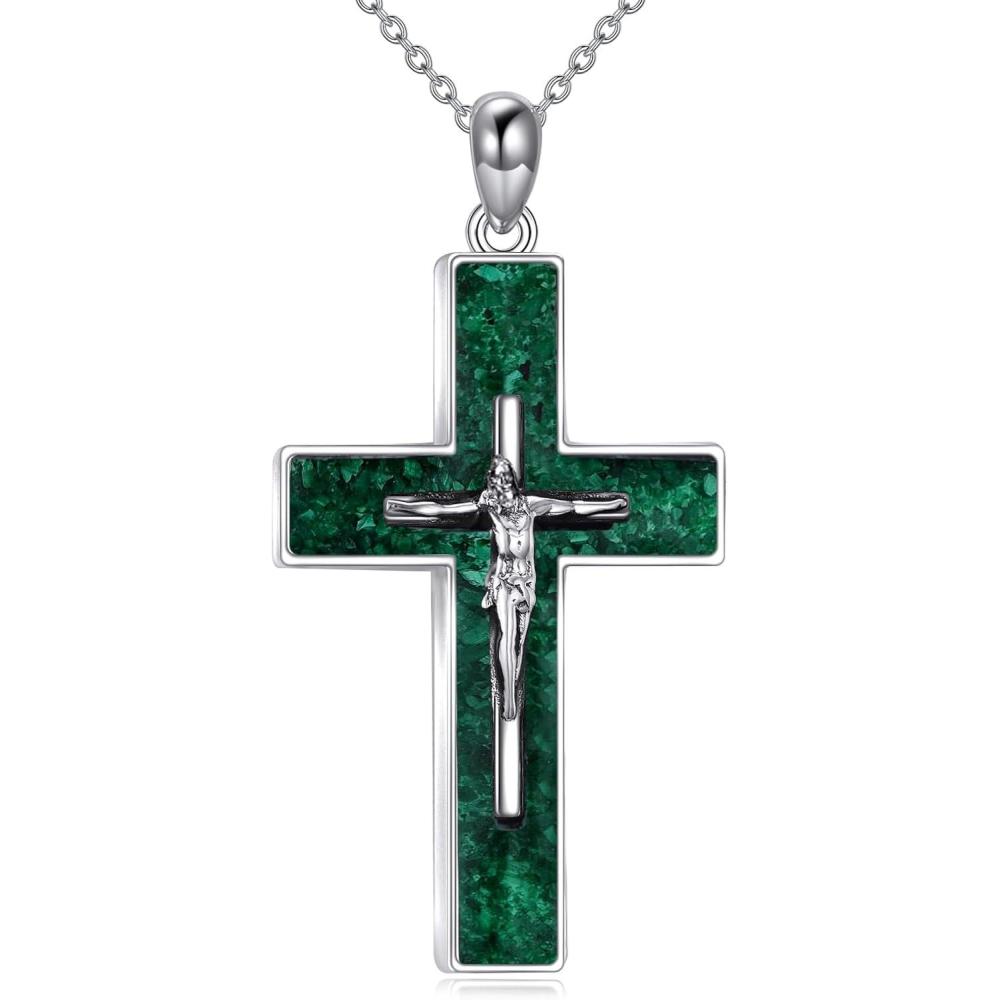 image:imageYFN Cross Necklace Sterling Silver Religious Cross Pendant Jewelry Christian Gifts for Women MenA Crucifix Green Malachite