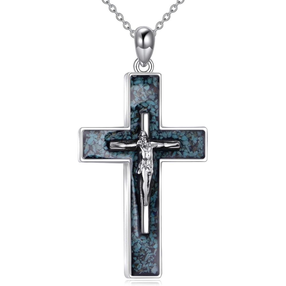 image:imageYFN Cross Necklace Sterling Silver Religious Cross Pendant Jewelry Christian Gifts for Women MenA Crucifix Turquoise