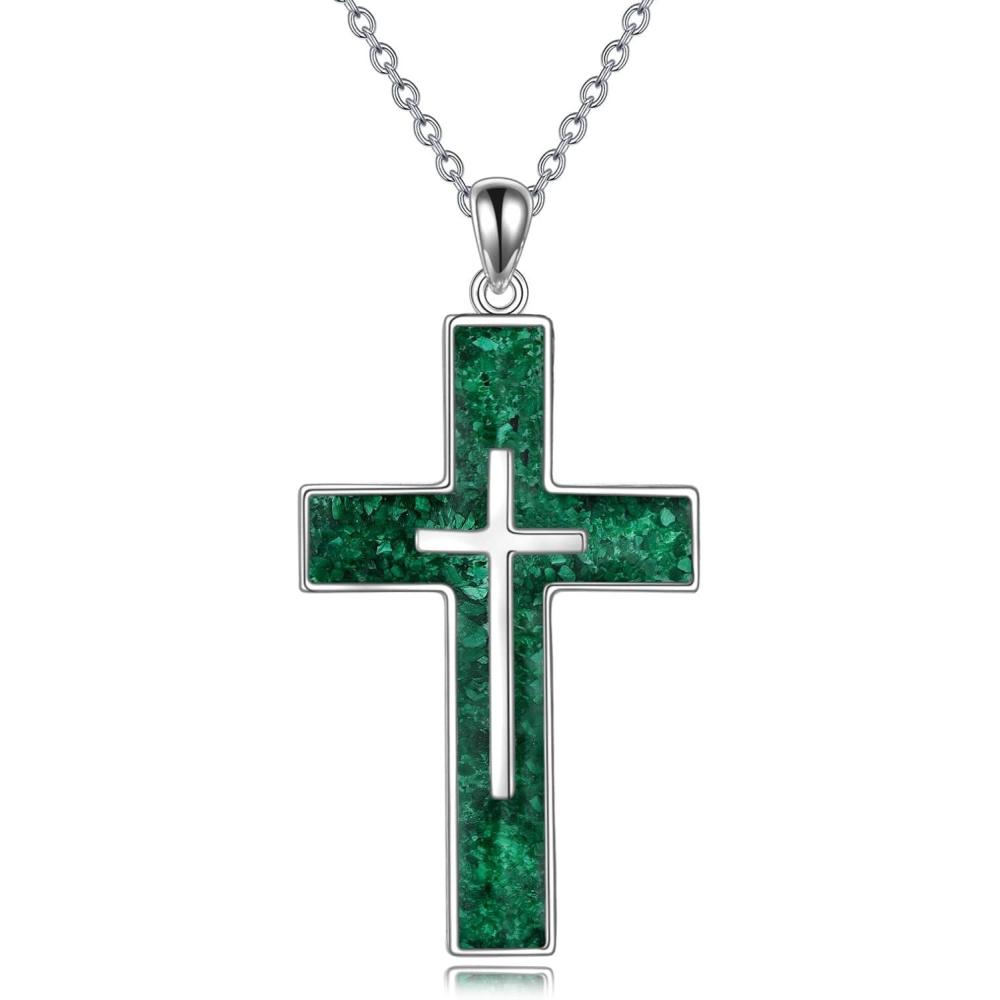 image:imageYFN Cross Necklace Sterling Silver Religious Cross Pendant Jewelry Christian Gifts for Women MenA Green Malachite