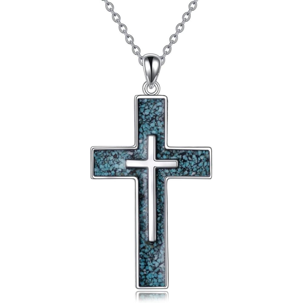 image:imageYFN Cross Necklace Sterling Silver Religious Cross Pendant Jewelry Christian Gifts for Women MenA Turquoise