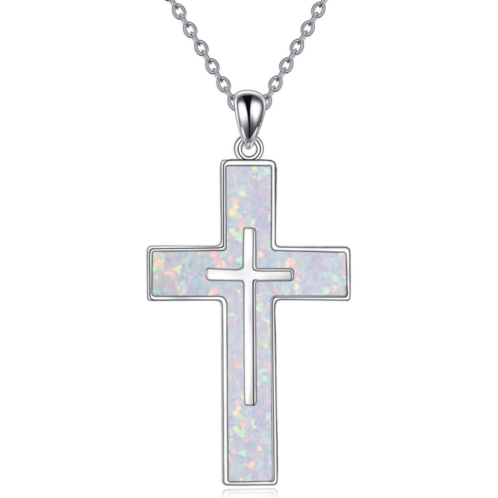 image:imageYFN Cross Necklace Sterling Silver Religious Cross Pendant Jewelry Christian Gifts for Women MenA White Opal