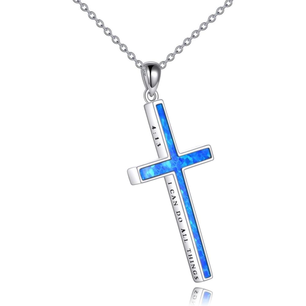 image:imageYFN Cross Necklace Sterling Silver Religious Cross Pendant Jewelry Christian Gifts for Women MenC Blue Opal Engraved